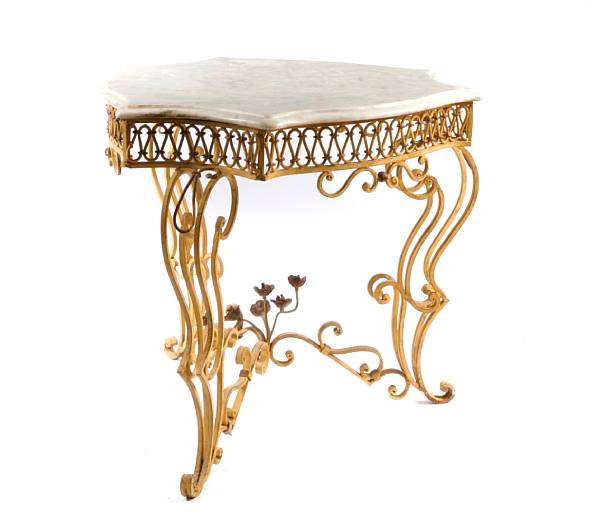 Appraisal: A pair of paint decorated wrought iron marble topped tables