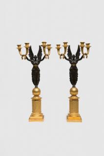 Appraisal: Pair of Neoclassical French Patinated and Gilt Bronze Candelabra PAIR