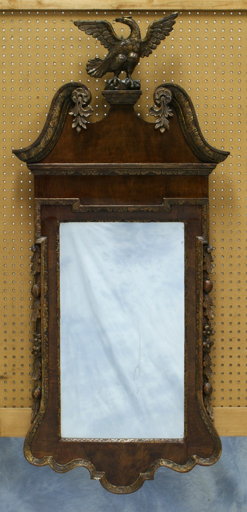 Appraisal: Parcel gilt and mahogany veneered Chippendale wall mirror replaced glass