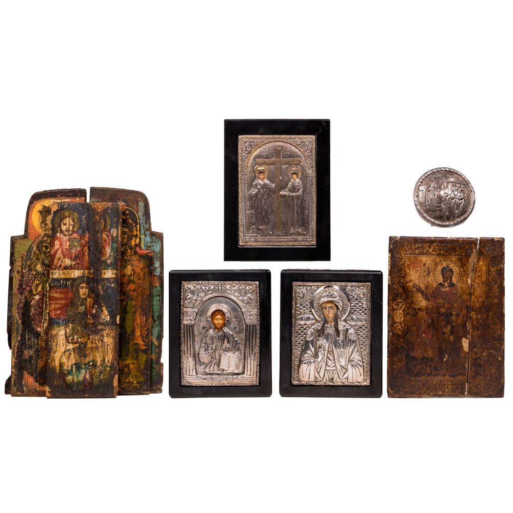 Appraisal: GREEK ICON ASSORTMENT items including a painted all-wood example depicting