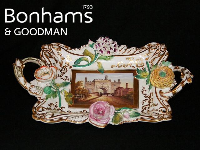 Appraisal: An English porcelain twin handled card tray possibly Coalport painted