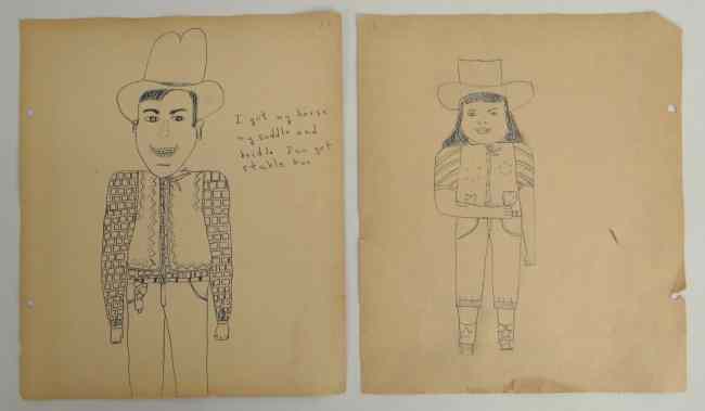 Appraisal: Lot two vintage folk art drawings children in cowboy outfits