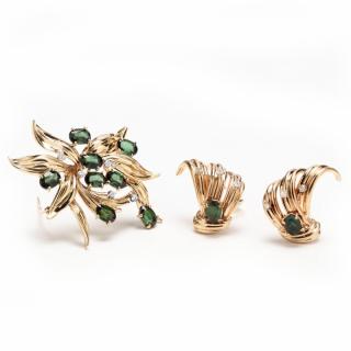 Appraisal: KT Gold Green Tourmaline and Diamond Suite the brooch designed