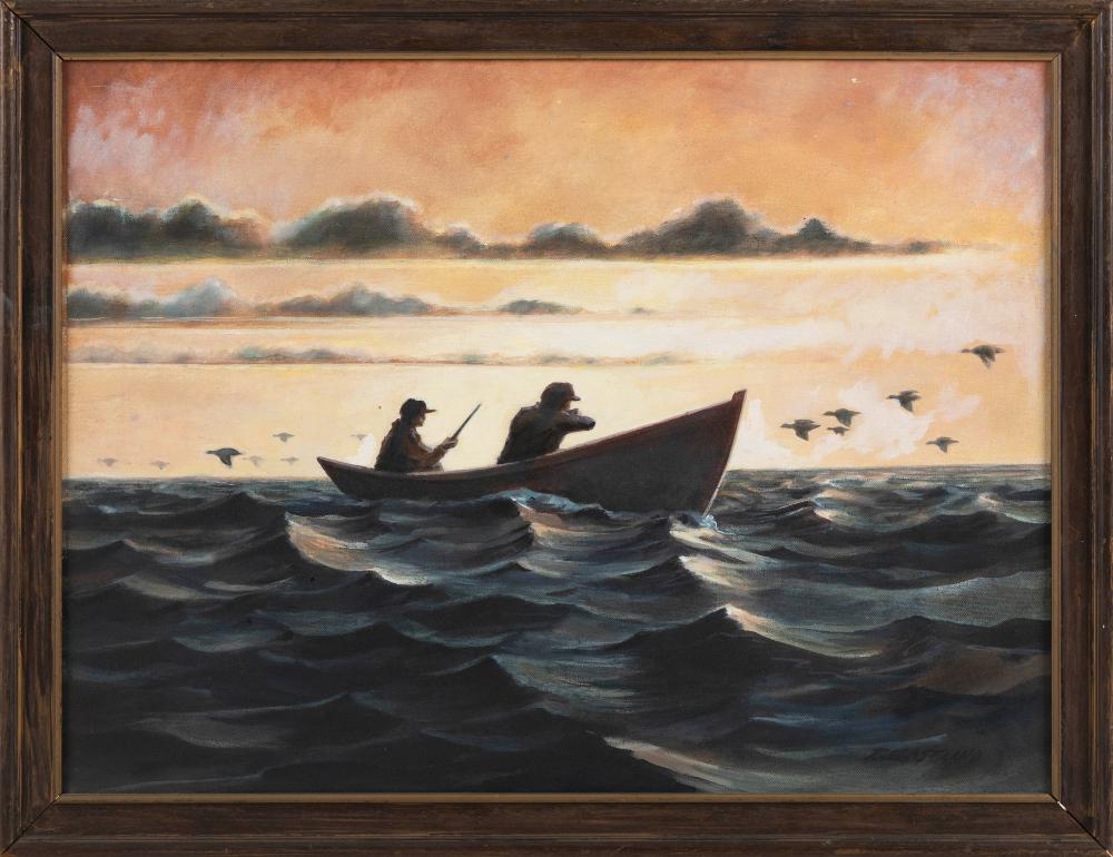 Appraisal: TIM EASTLAND CONNECTICUT CONTEMPORARY TWO GUNNERS HUNTING SEA DUCKS OIL