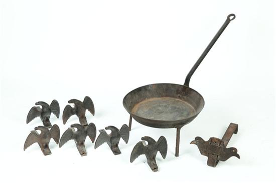 Appraisal: GROUP OF IRON ITEMS American th century Wrought iron skillet