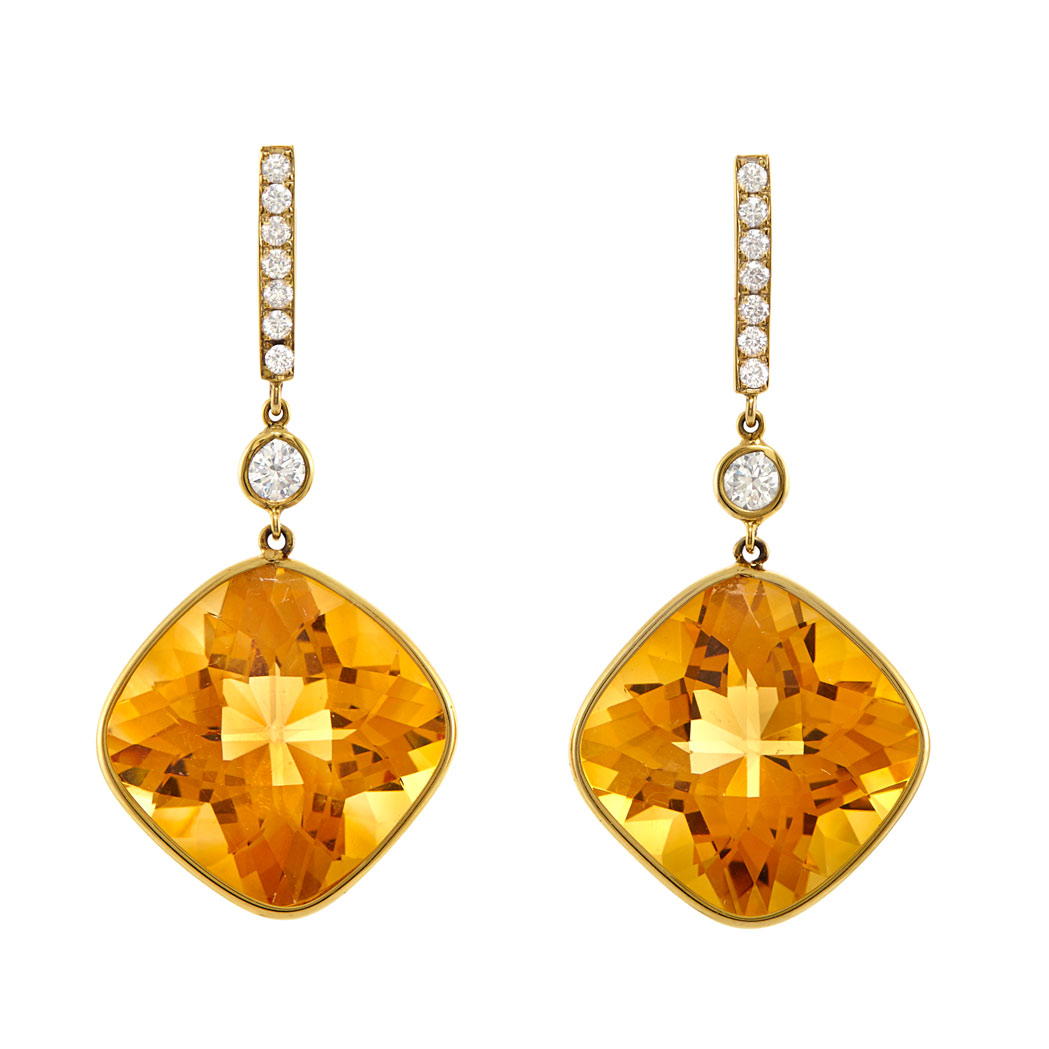 Appraisal: Pair of Gold Citrine and Diamond Pendant-Earrings kt cushion-shaped modified