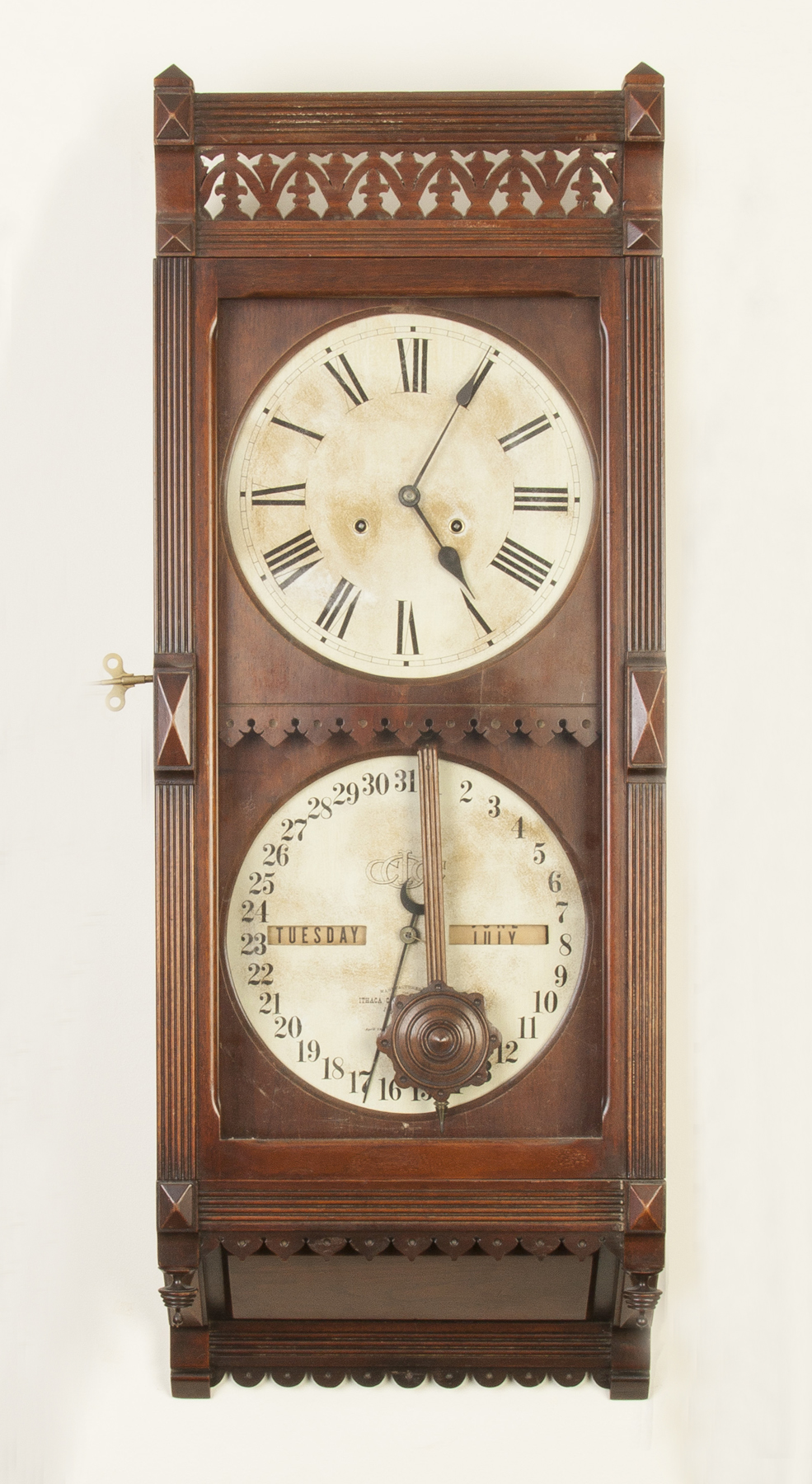 Appraisal: Ithaca Clock Co Brisbane Wall Regulator Walnut case restorations Painted