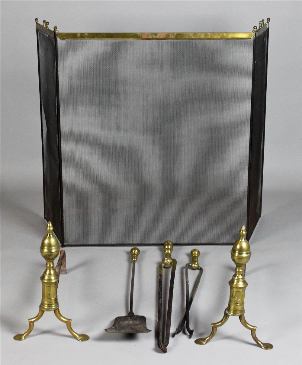 Appraisal: PAIR OF BRASS LEMON TOP ANDIRONS THREE BRASS TOPPED FIRE