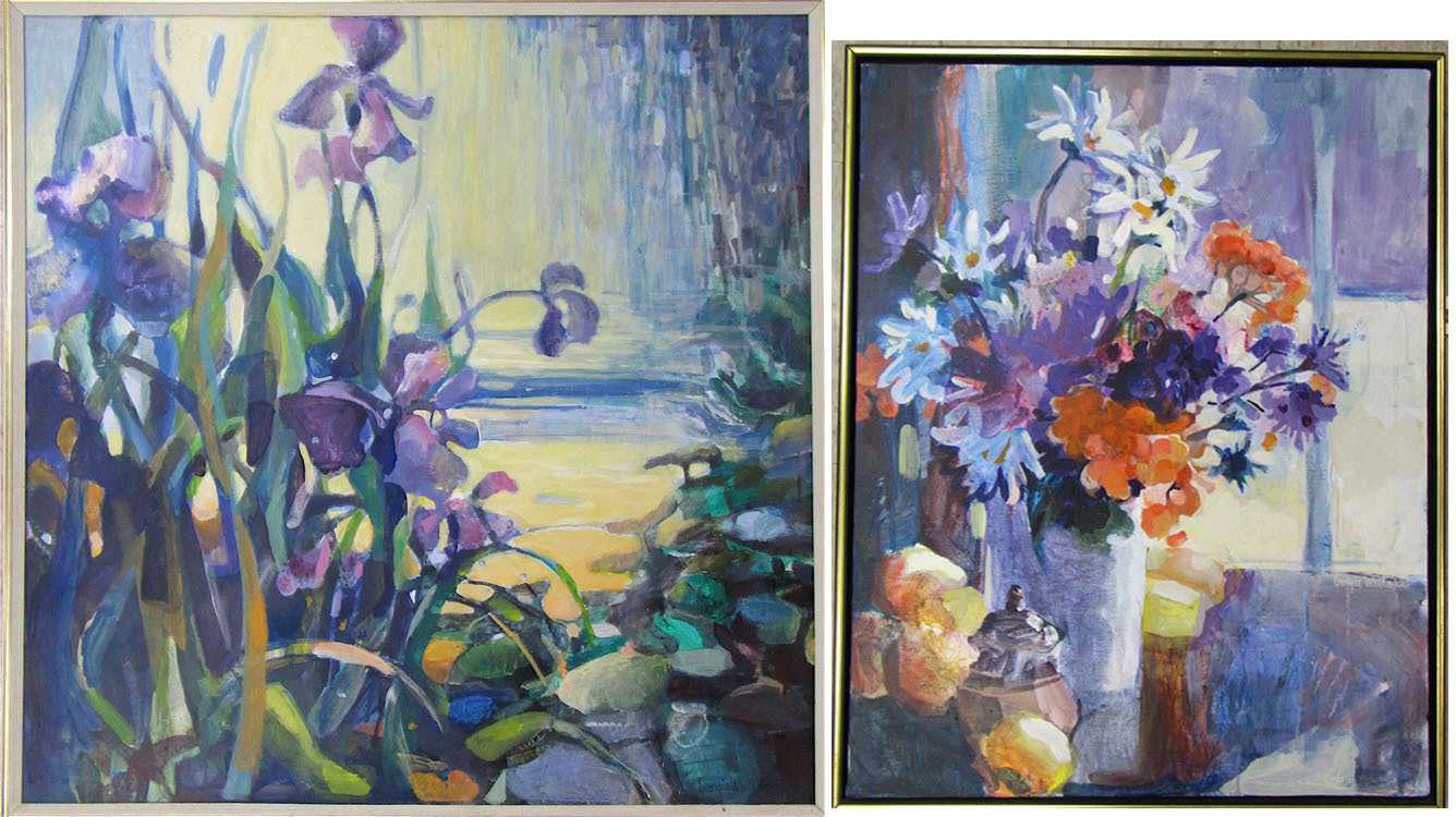 Appraisal: GEORGIA WHITAKER TWO ACRYLIC PAINTINGS California th century Floral still-lifes