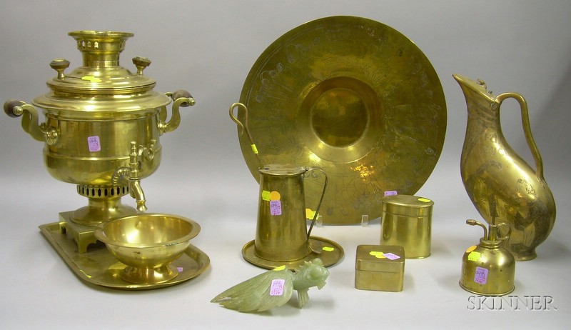 Appraisal: Eight Assorted Brass Articles and a Chinese Carved Jade Fish