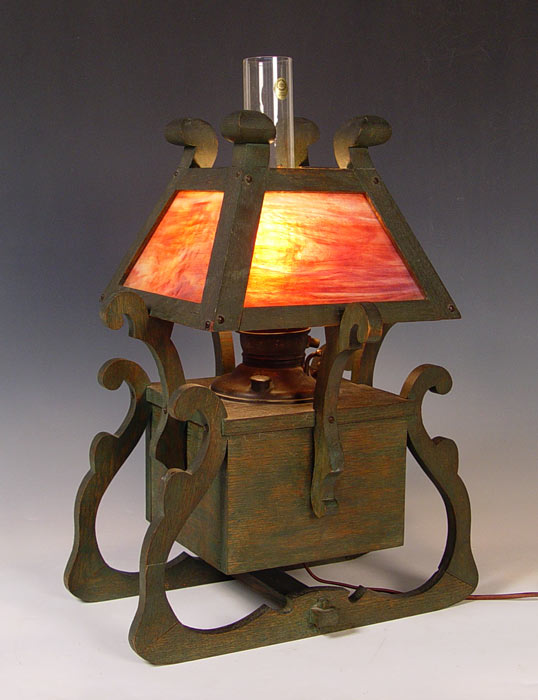 Appraisal: AMERICAN ARTS CRAFTS JUNO LAMP Green oak framed shade and