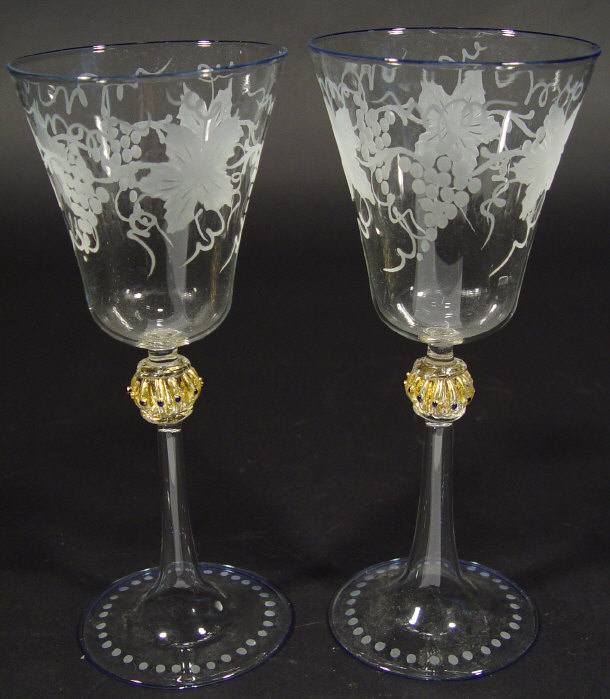 Appraisal: Pair of Murano Zaffirici glasses the bell shaped bowls engraved