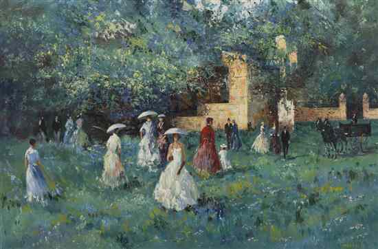 Appraisal: Morrales th century Promenade in the Park oil on canvas