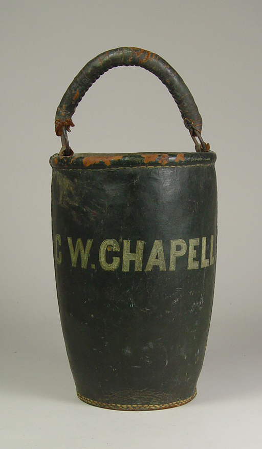 Appraisal: Leather Fire Bucket Mid th Century Marked CW Chapel Original