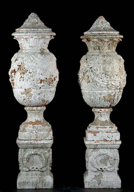 Appraisal: Monumental pair painted terracotta urns on stands circa covered urns