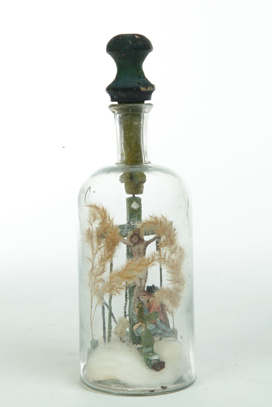 Appraisal: BOTTLE WHIMSEY Eastern European glass wood paper cotton batting and