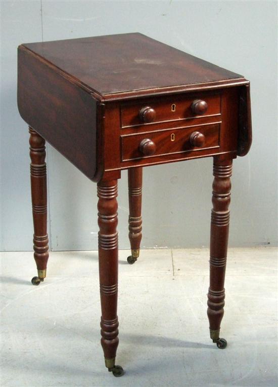 Appraisal: th century mahogany drop leaf work table with two drawers