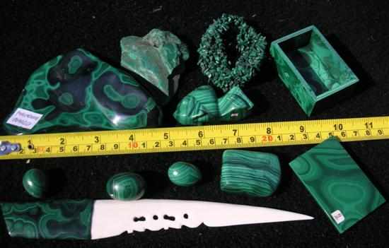 Appraisal: MALACHITE COLLECTION including jewel box fish eggs etc