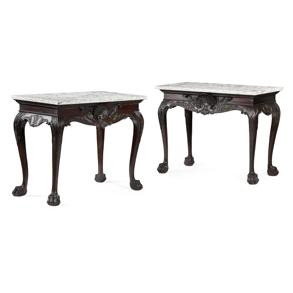 Appraisal: PAIR OF IRISH GEORGE II STYLE MAHOGANY SIDE TABLES MODERN