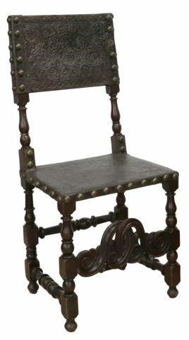 Appraisal: Baroque style leather side chair th c walnut frame having