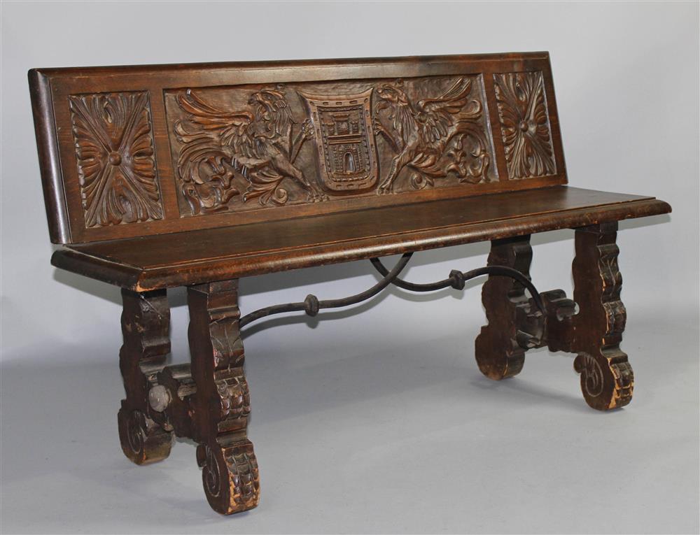 Appraisal: RENAISSANCE REVIVAL CARVED BENCH with a griffin and coat-of-arms carved