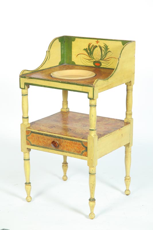 Appraisal: DECORATED SHERATON WASHSTAND American th century pine Original yellow paint