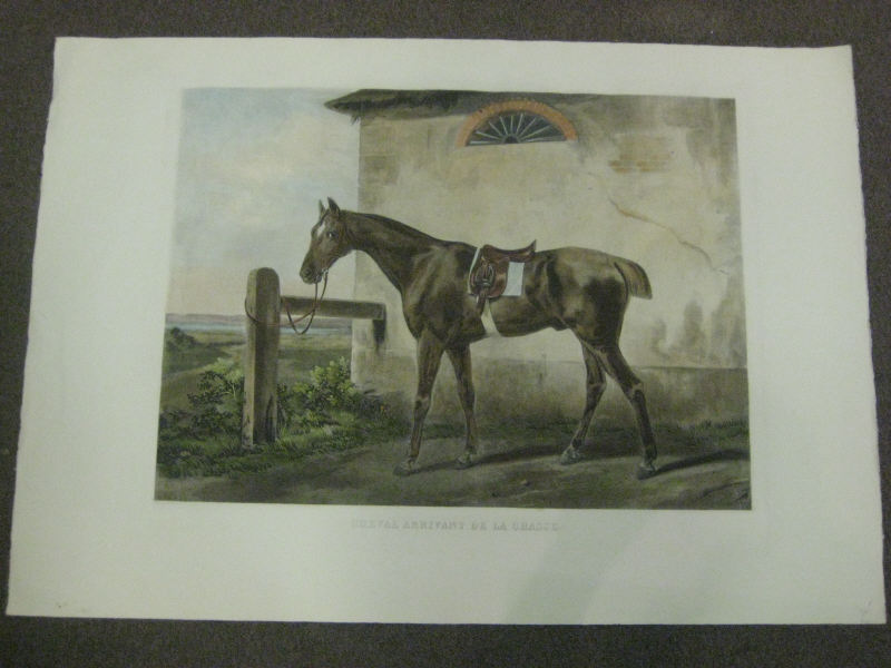 Appraisal: JAZET CHEVAL ARRIVANT DE LA CHASSE colored engraving unframed x