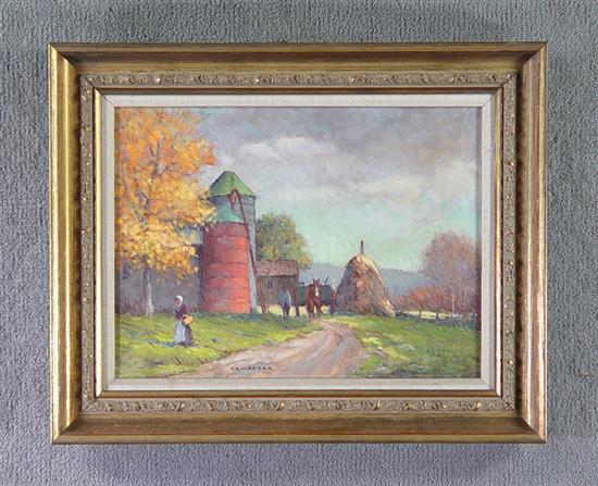 Appraisal: Oil on Canvas Farm Scene With silos haystack horse and