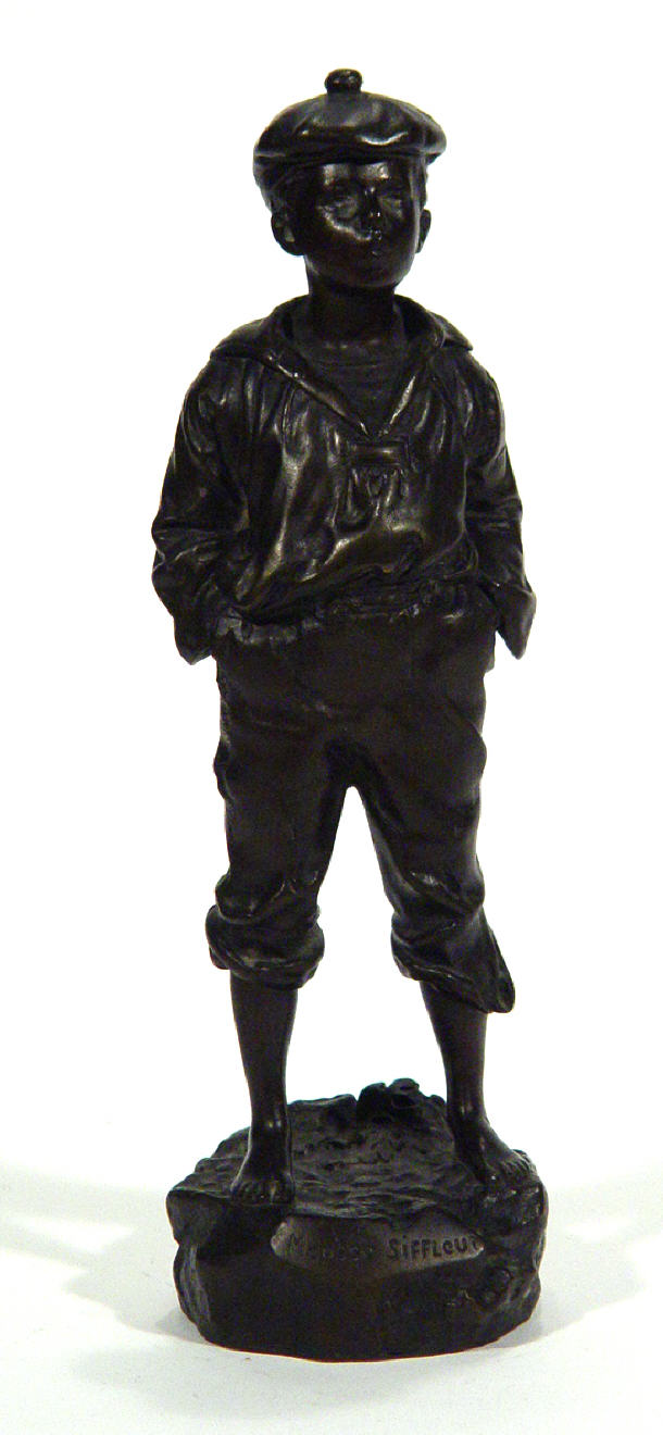 Appraisal: Signed bronze figure of a young boy whistling entitled 'Mousse