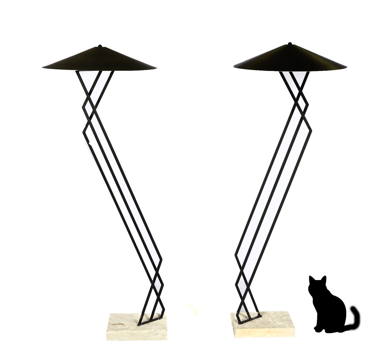 Appraisal: PAIR OF ANGULAR BLACK FLOOR LAMPS black metal framed light