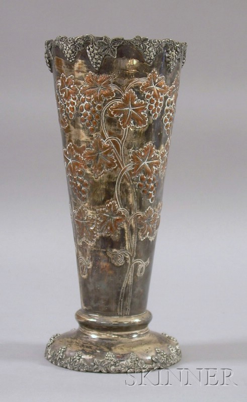 Appraisal: Silver Plated Grape Decorated Tall Vase on Weighted Base Some