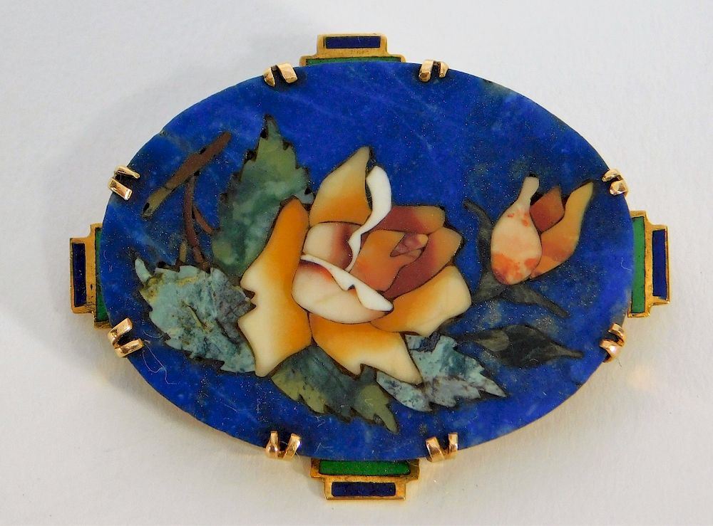 Appraisal: Lady's K Gold Lapis Lazuli Pietra Dura Brooch Italy th