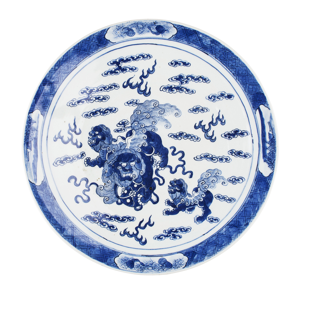 Appraisal: TWO BLUE AND WHITE CHARGERS QING DYNASTY TH CENTURY one