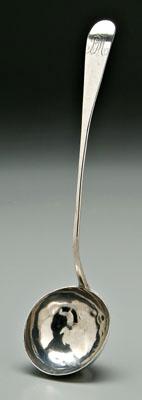 Appraisal: Peter Mallett coin silver ladle downturned rounded end handle circular