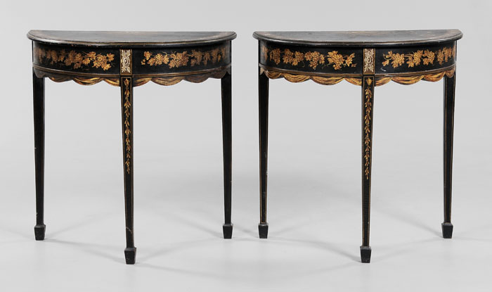 Appraisal: Pair Paint-Decorated Demilune Tables Continental late th century each top