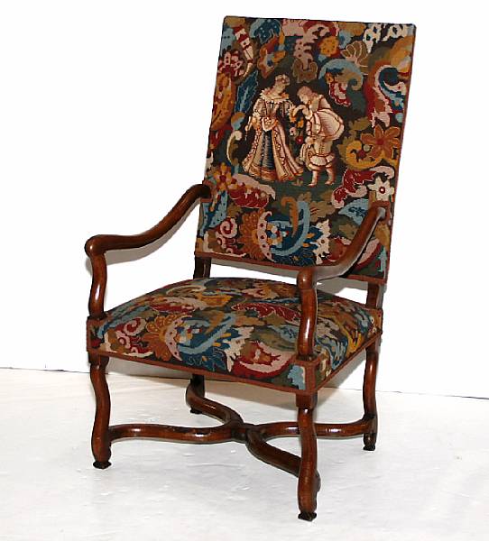 Appraisal: A Louis XIV style walnut gros point upholstered arm chair