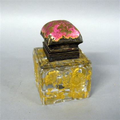 Appraisal: French gilt metal mounted enamel and glass inkwell late th