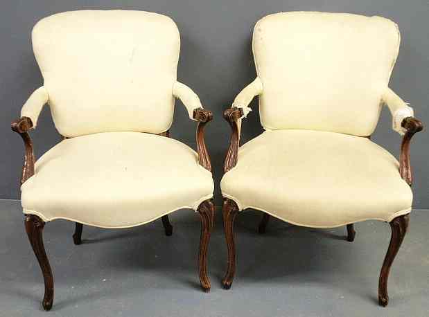 Appraisal: Pair of French walnut Louis XVI style fauteuils open armchairs