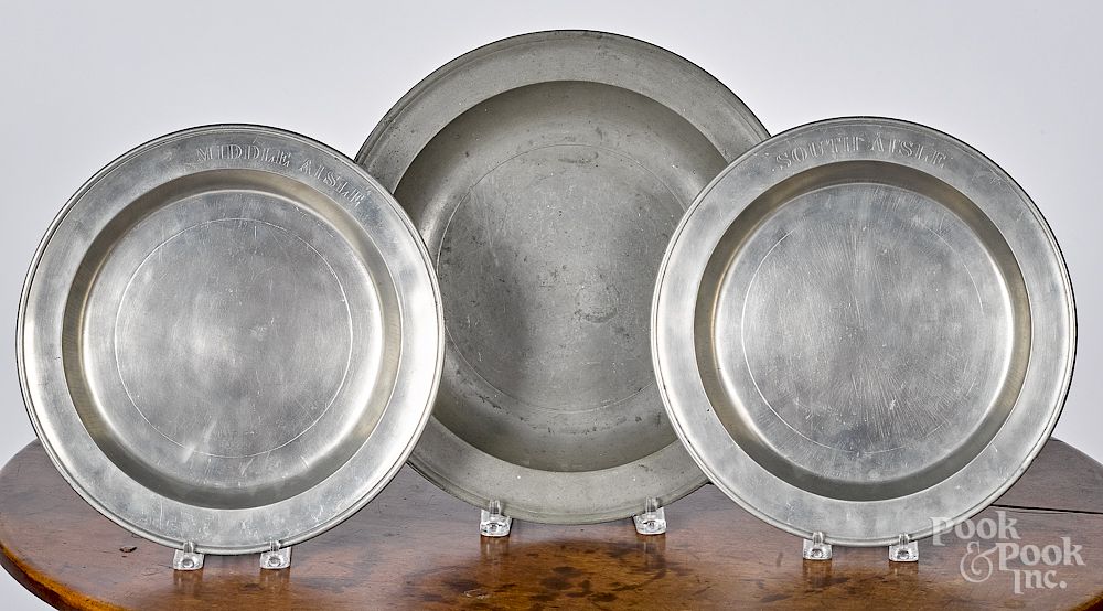 Appraisal: Three Connecticut pewter dishes Pair of Hartford Connecticut pewter church