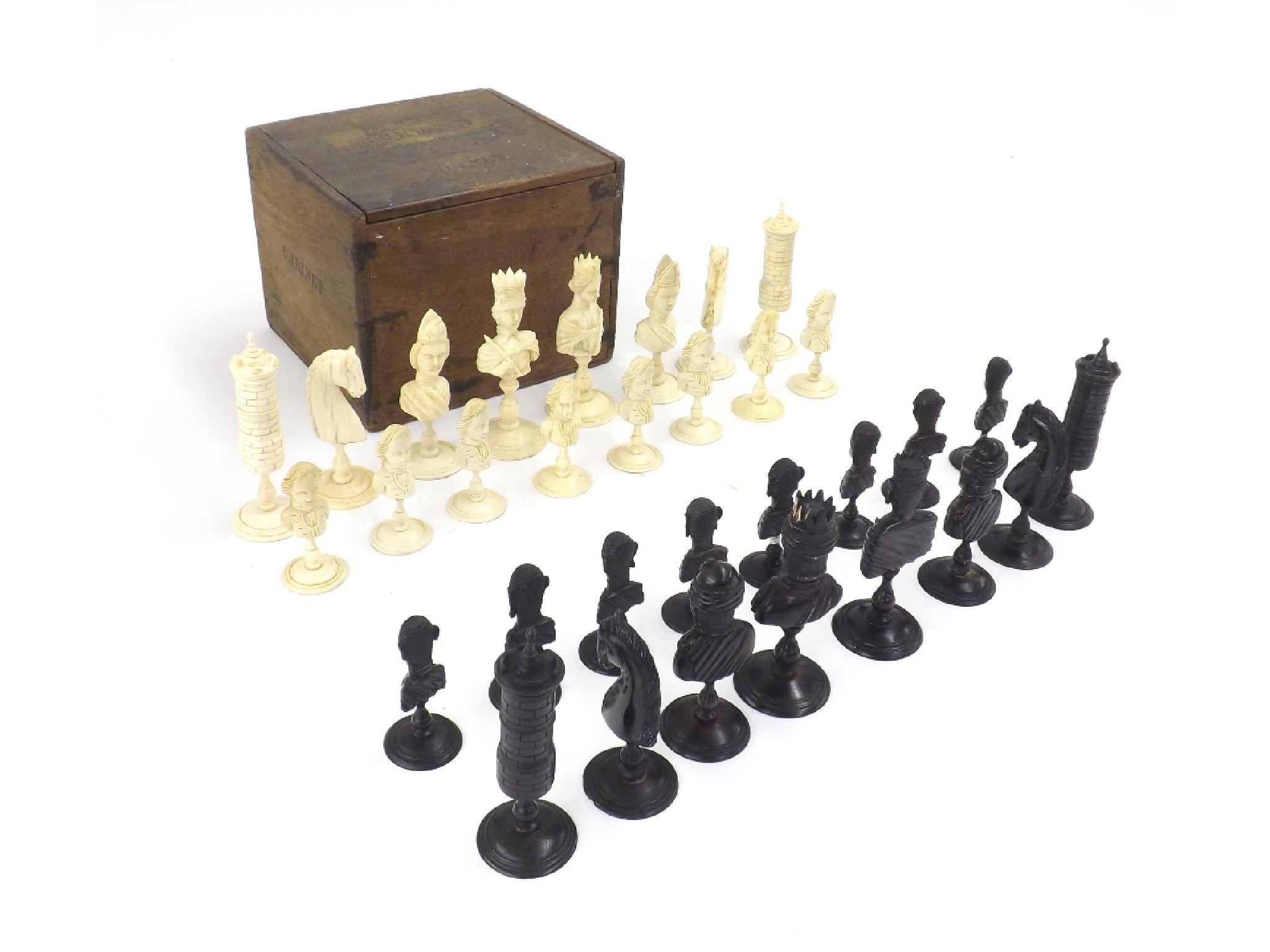 Appraisal: th century carved Dieppe ivory bust chess set of good