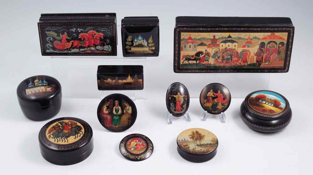 Appraisal: COLLECTION OF RUSSIAN PAINTED LACQUER BOXES To include th century