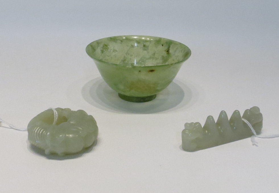 Appraisal: THREE CHINESE CARVED JADE PIECES footed bowl D elongated low