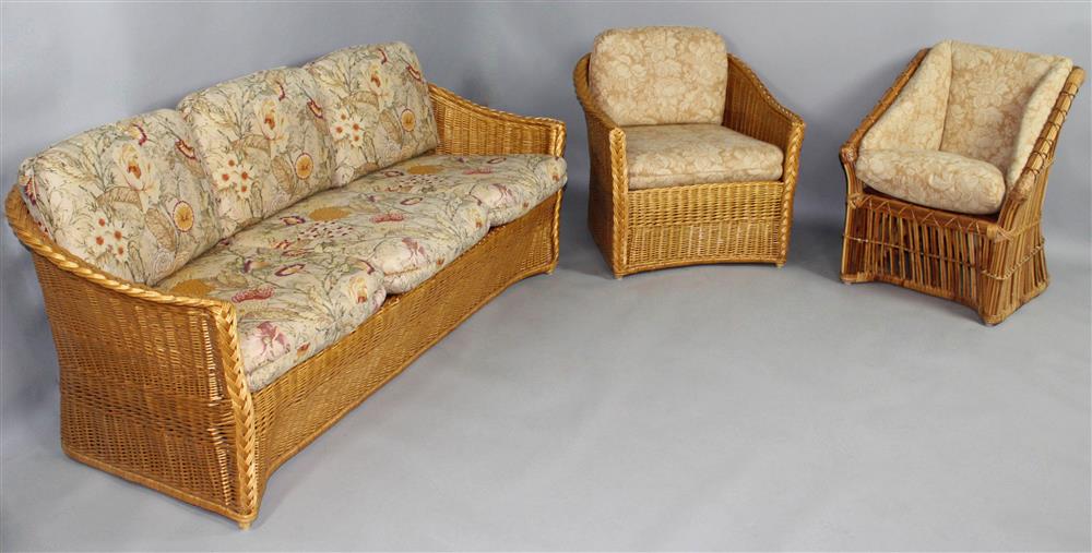 Appraisal: MODERN WICKER SOFA AND TWO WICKER CHAIRS lacquered natural rattan