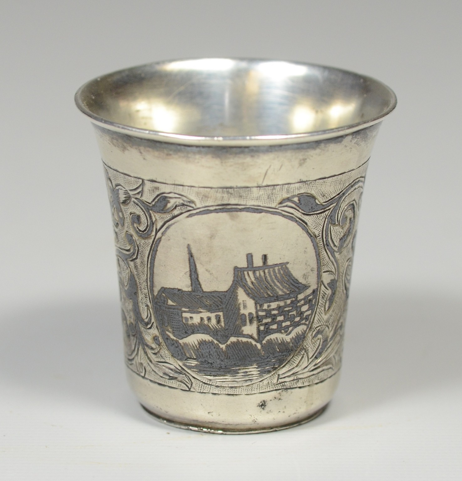 Appraisal: Imperial Russian silver niello decorated kiddish cup with village scenes