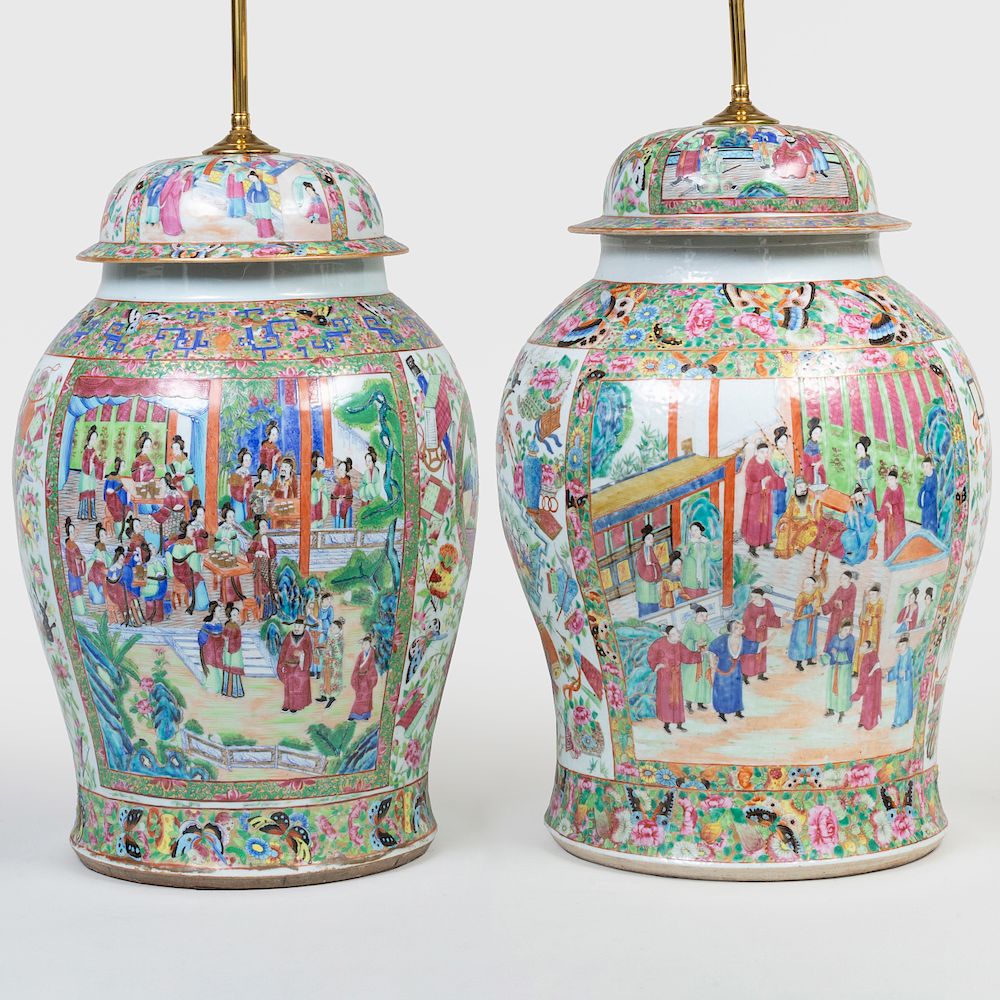 Appraisal: Two Similar Chinese Mandarin Palette Porcelain Covered Ginger Jar Lamps