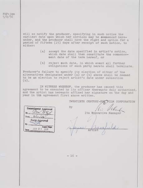 Appraisal: JAYNE MANSFIELD One year studio contract signed by Mansfield for