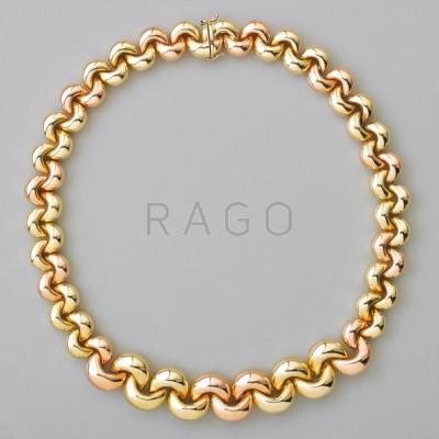 Appraisal: PINK AND YELLOW K GOLD NECKLACE Plump crescent links Italy