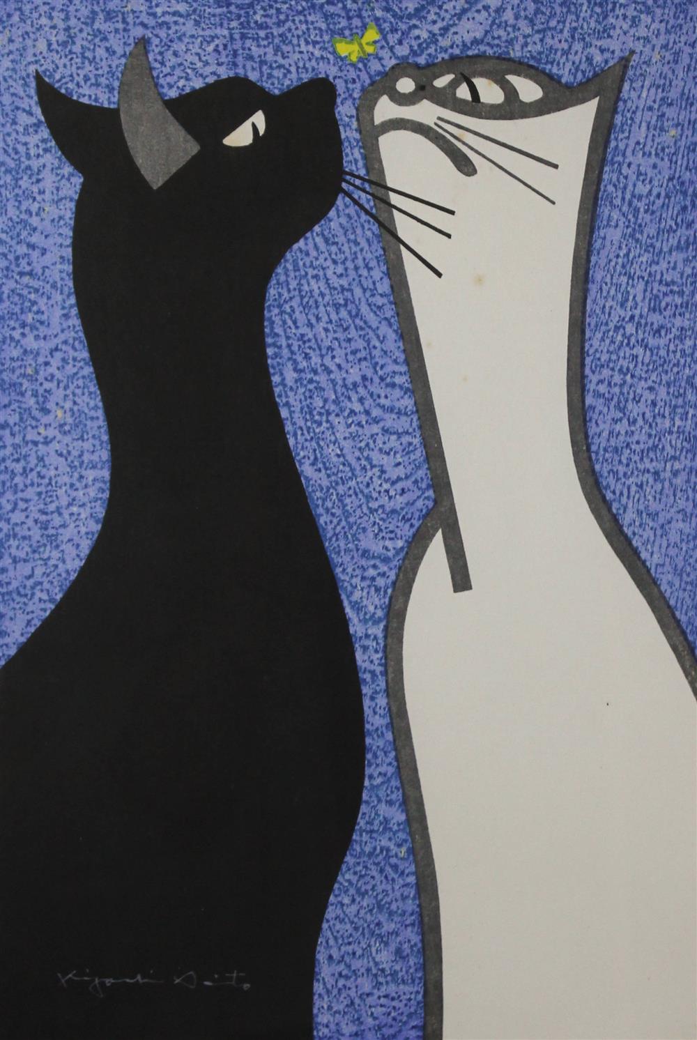 Appraisal: KIYOSHI SAITO JAPANESE - STEADY GAZE TWO CATS CIRCA Woodblock