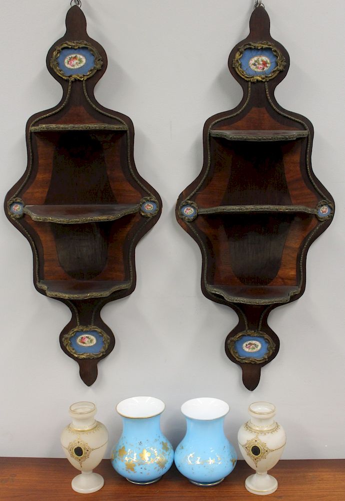 Appraisal: Pair of Rosewood Wall Shelves with Sevres Porcelain inserts together