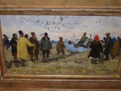 Appraisal: RUSSIAN SCHOOL Figures and Tractor in a Field on board